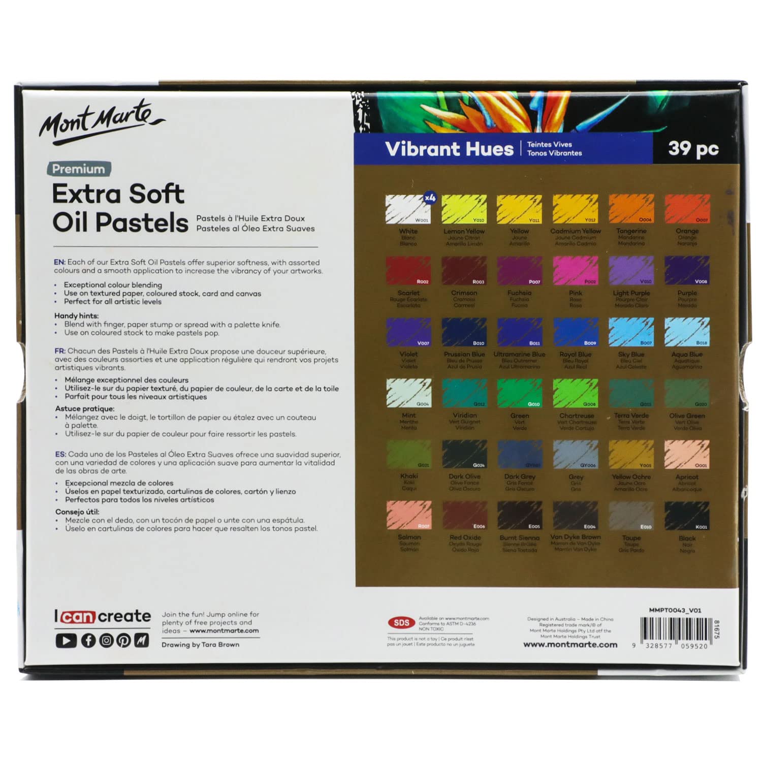 Mont Marte Oil Pastel Chalk Set, 39 Pieces, Vibrant Colours, Extra Soft Oil Pastels, Intense Colours, High Pigmentation