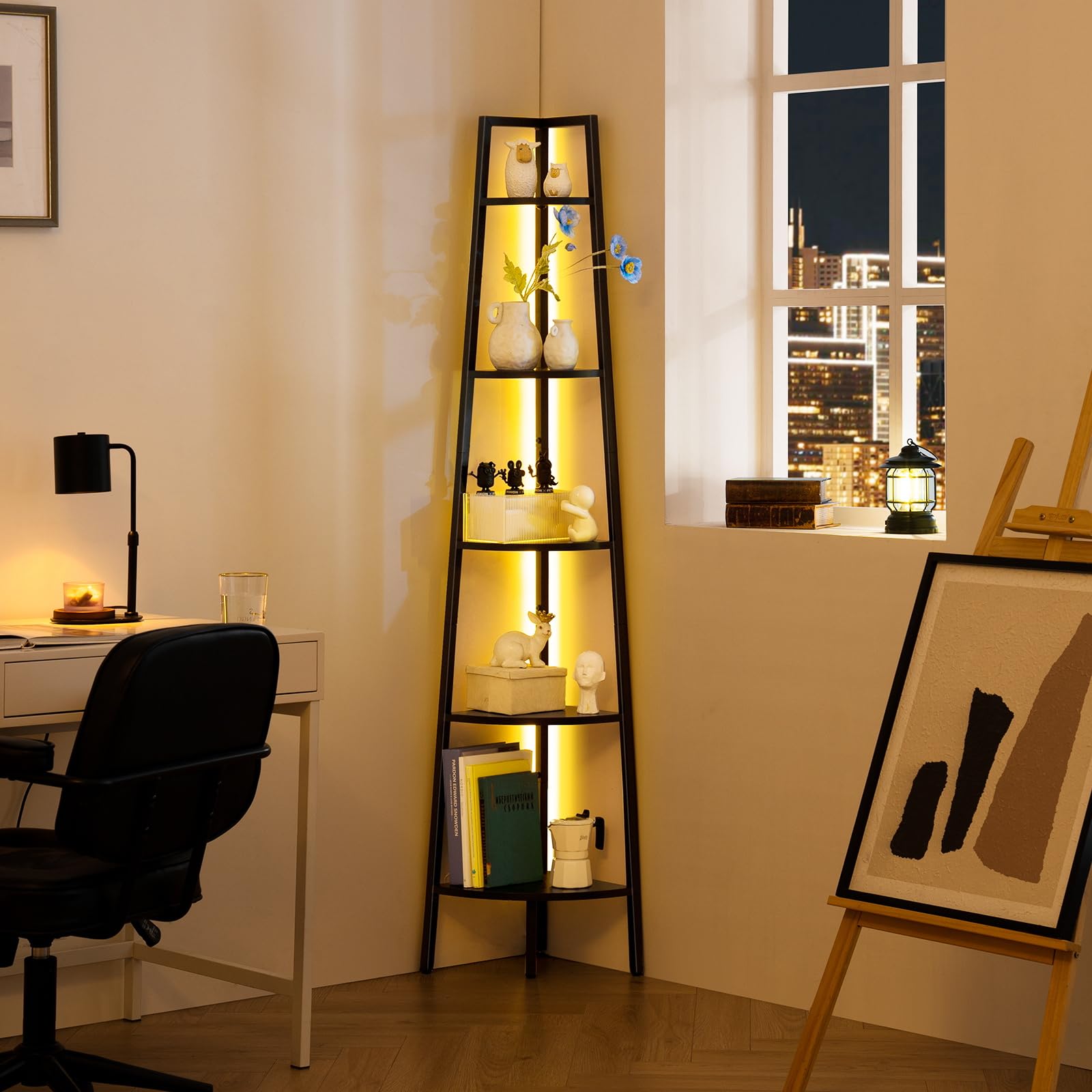 Yoobure Corner Shelf Stand, 5-Tier Bookshelf with LED Lights & Steel ...