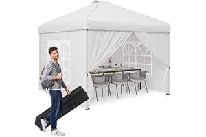 TINKLE WELL Patio Canopy 8'x 8'Pop up Instant Gazebo Tent, Outdoor Portable Shelter w/Sidewalls and Windows Sun Protection, 8 Stakes, 4 Ropes, 4 Double-Barrel and a Roller Bag(White,8x8ft)