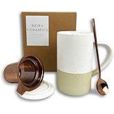 Mora Ceramics Tea Cup with Loose Leaf Infuser, Spoon and Lid, 12 oz, Microwave and Dishwasher Safe Coffee Mug - Rustic Matte Ceramic Glaze, Modern Herbal Tea Strainer - Great Gift for Women, Limestone