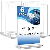 Acrylic Sign Holders 4x6 Inch, 6 Pack Vertical, Double Sided Display Clear TableTop Signs, Acrylic Paper Holders for Wedding Reception, Party Decoration, Numbers Picture Frames