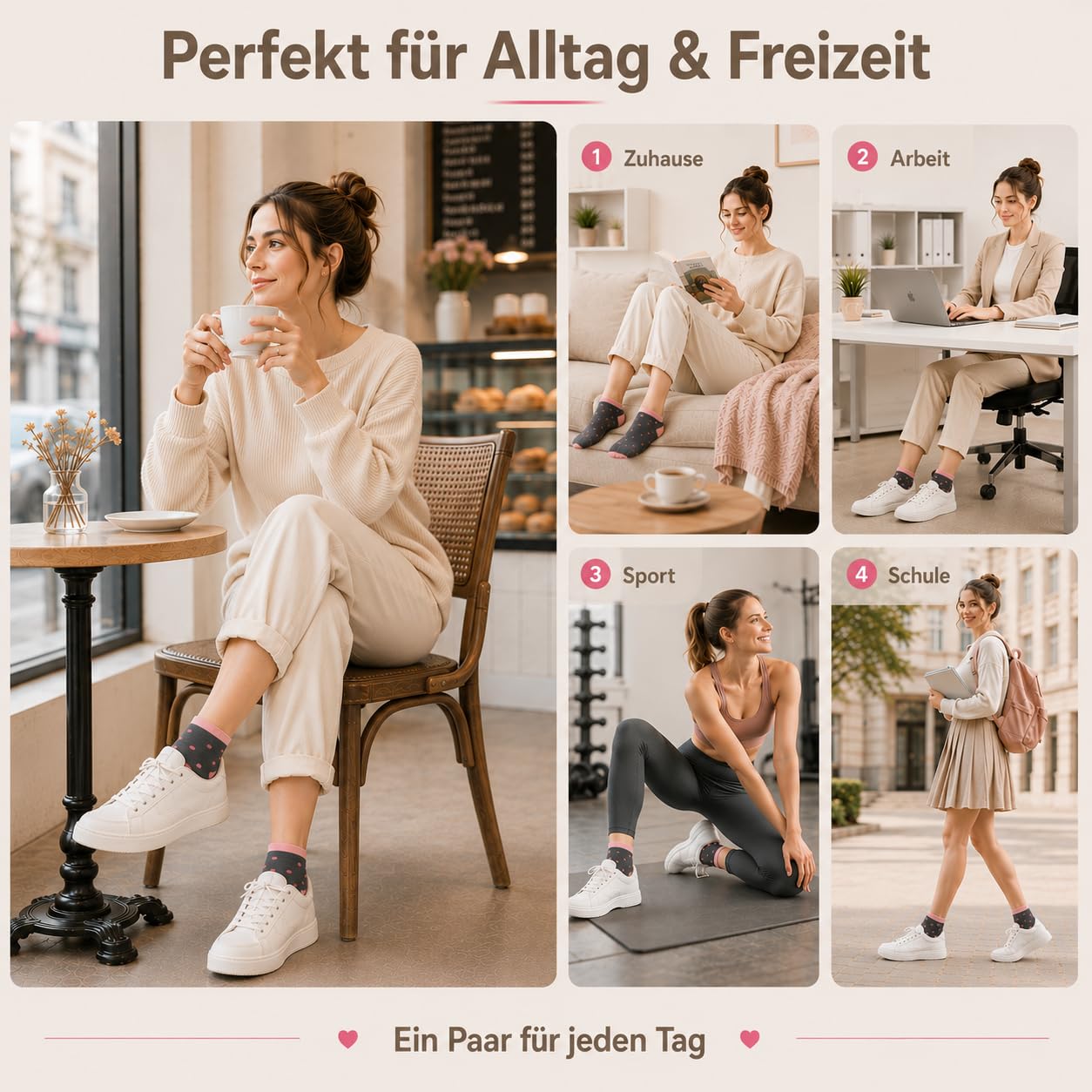 Soleeya 10 Paar Sneaker Socken Damen 39-42, Baumwolle Füßlinge Damen mit Streifen Punkte Herzen, Atmungsaktive Kurz Sportsocken Teen Mädchen Wandersocken Sommer Sneakersocken für Alltag 6