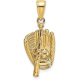 14k Yellow Gold Baseball Glove Pendant with Bat and Ball, Unisex Sports Jewelry Charm for Fans and Collectors, Polished Athletic Symbol Necklace, Gold Baseball Accessory for Players or Coaches
