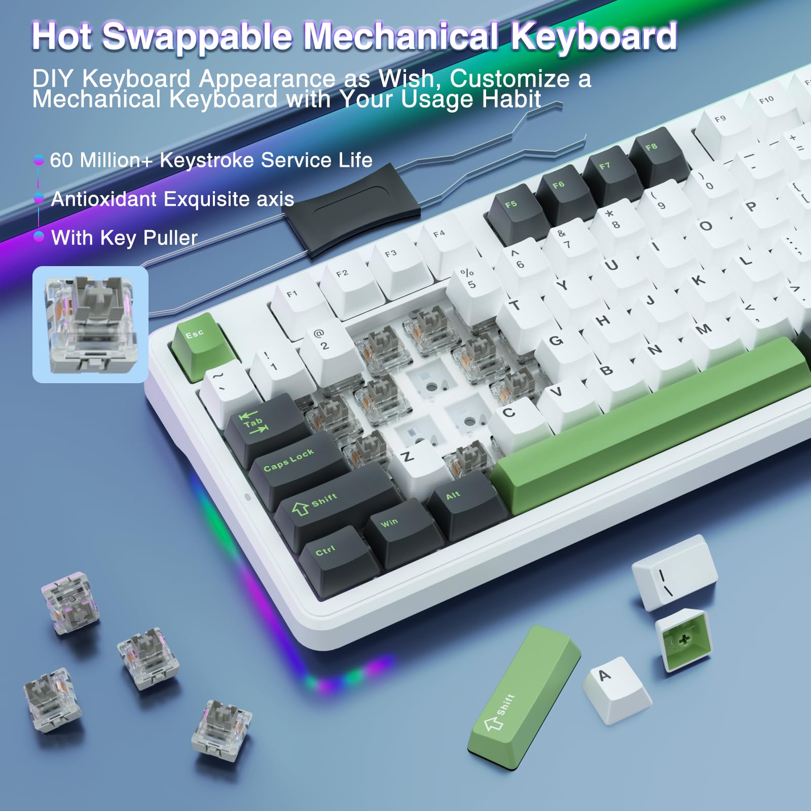 F87 White Mua AULA F87 Wireless Mechanical Keyboard, 75% TKL Custom Hot Swappable ...