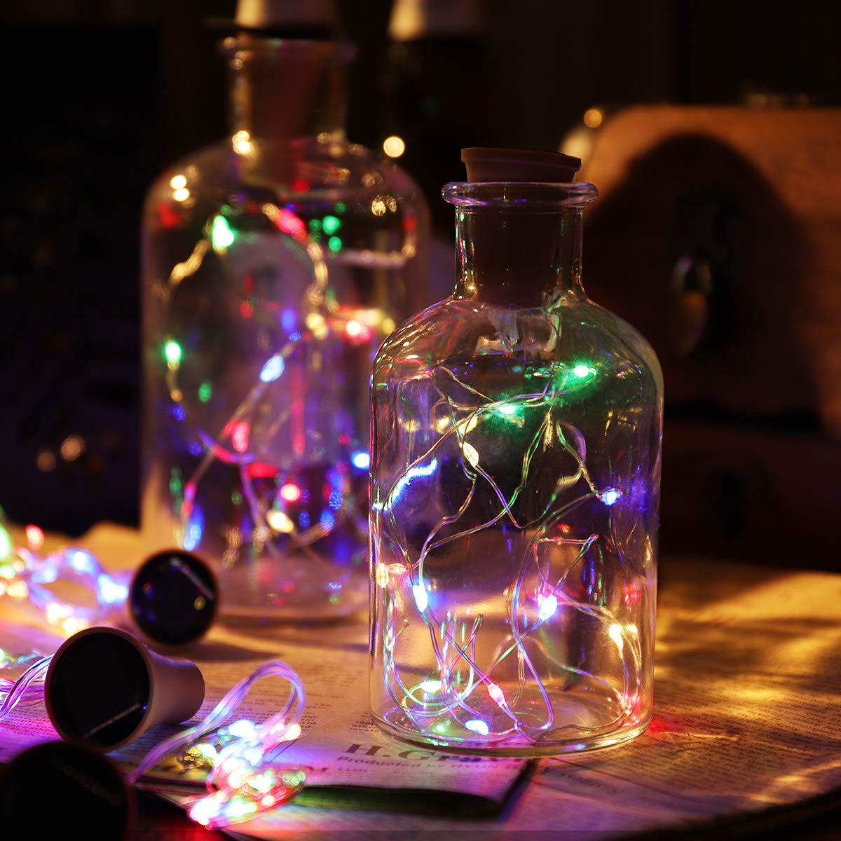 Uonlytech 6pcs Solar Copper Wire Light String 15-LEDs Lamp String Chic Wine Bottle Decorative Light for Home Party Festival (Random Color)