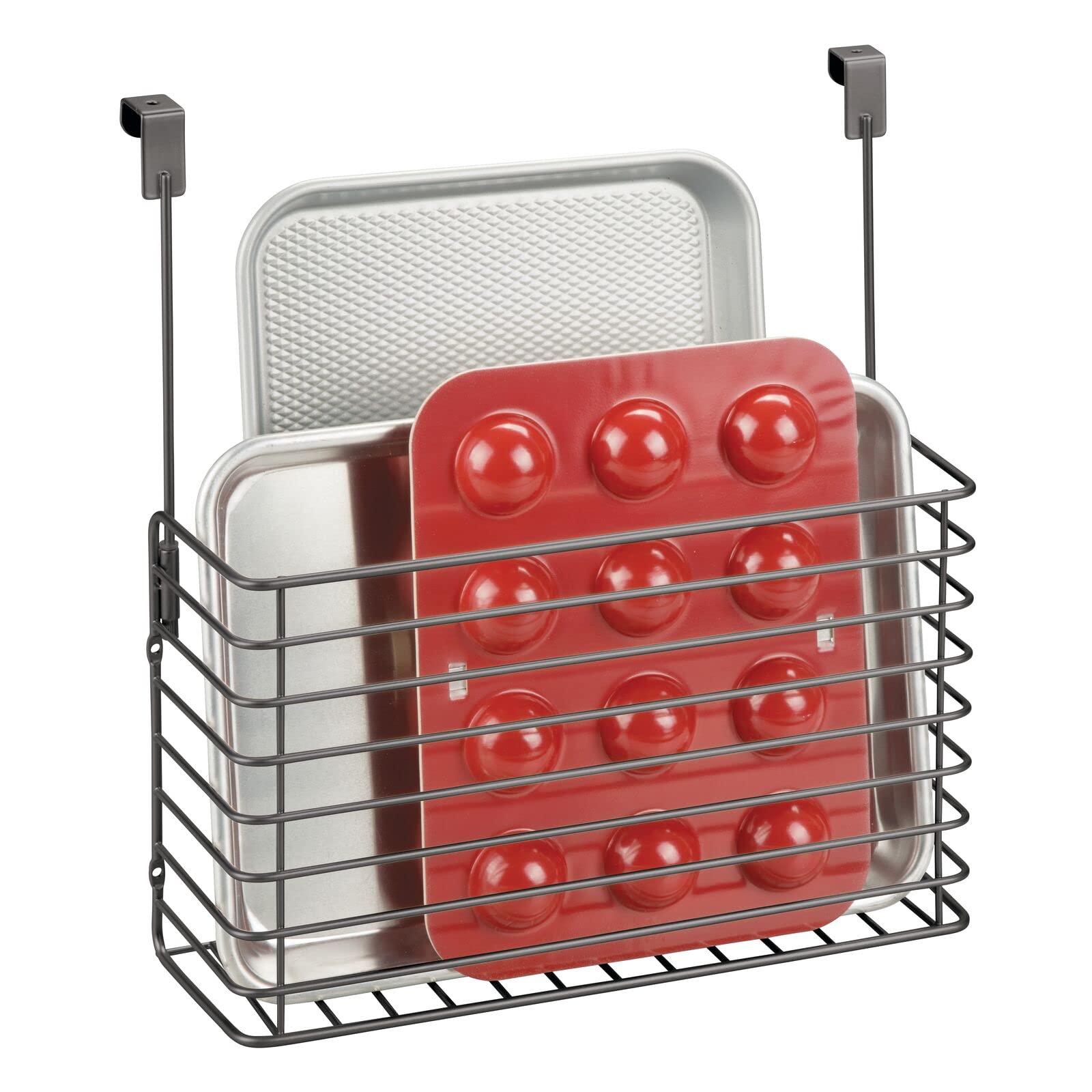 mDesign Over The Cupboard Hanging Storage Baskets – Metal Bakeware Organiser and Cutting Board Holder – Excellent Kitchen Storage Solution – Graphite