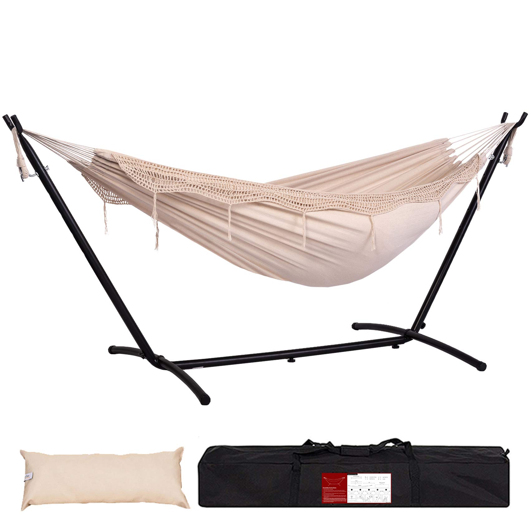 Lazy Daze Hammocks Double Hammock with 9FT Space Saving Steel Stand Includes Portable Carrying Case, 450 Pounds Capacity (Natural with Tassel)