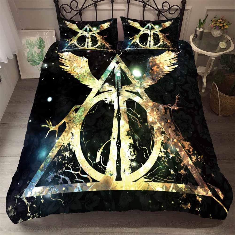NICHIYO Harry Potter School of Magic Bedding Set - Duvet Cover and Two Pillow Cases Microfibre 3D Digital Print Three-Piece Set, 09, King 220x240cm