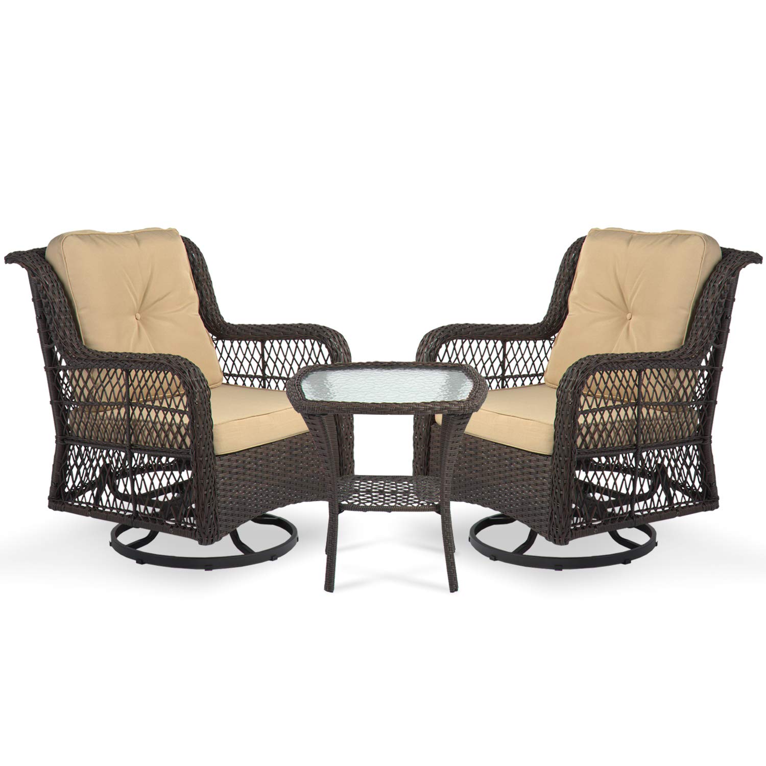 Aoxun 3-Piece Rocking Rattan Chair Outdoor, Patio Bistro Furniture Sets, 2 Cushioned Swivel Wicker C