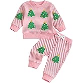 Amnnchya Baby Girl Christmas Outfit Toddler Long Sleeve Waffle Striped Tree Fall Winter Sweatshirt Pullover Kids Pants Set