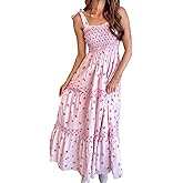 Women Boho Tie Shoulder Floral Maxi Dress Sleeveless Smocked Flowy Long Dress Summer Beach Vacation Swing Sun Dress