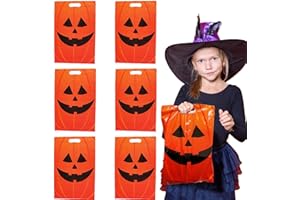 GiftExpress 50‑Pack 11″ × 17″ Jack O Lantern Trick or Treat Goody Bags – Durable Plastic Halloween Party Favor Bags