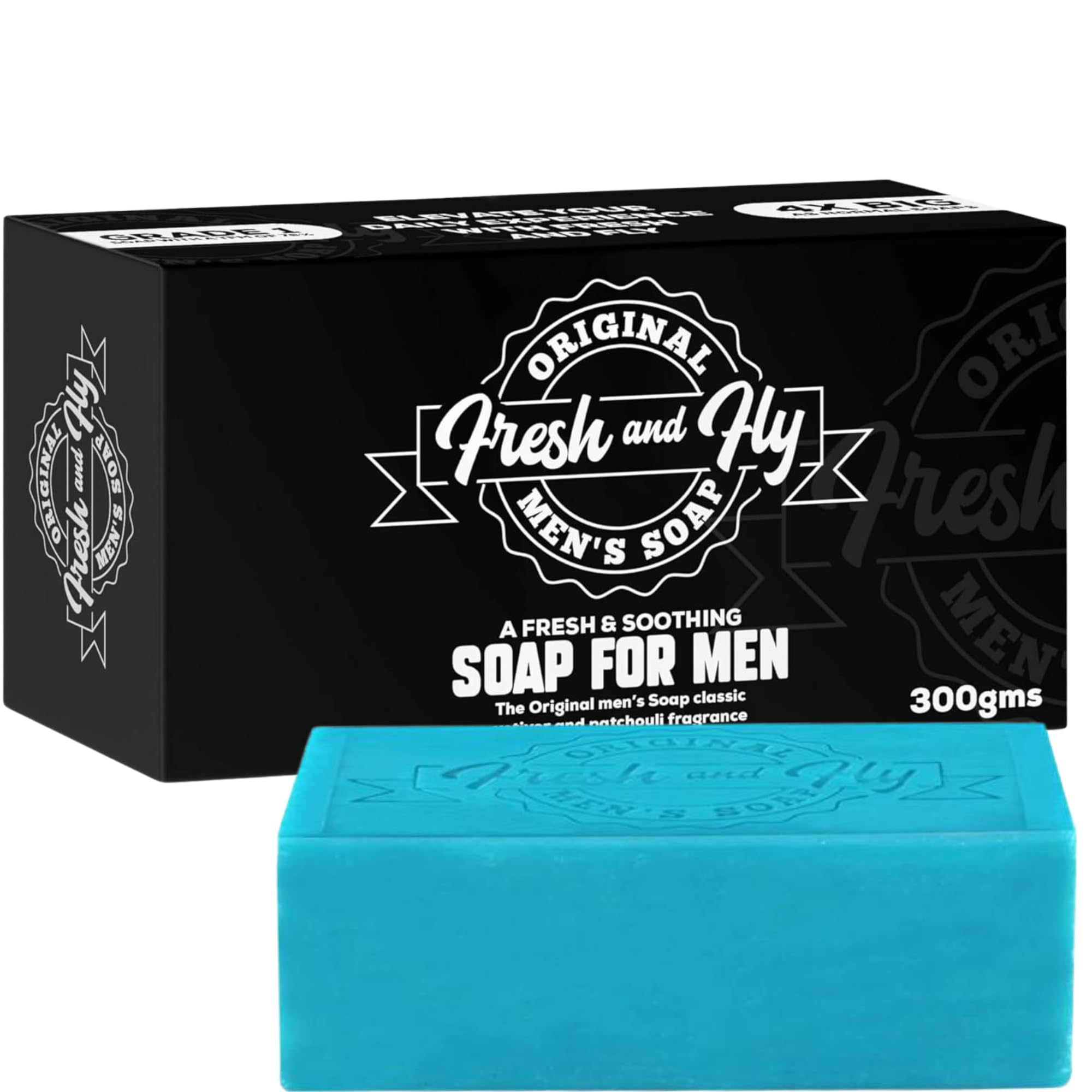 Fresh and Fly Men's Soap Bar for Face, Body, Hair 300g - 4X Bigger 4X Longer - Handmade, Natural Soap Bar - Organic, Moisturizing, and Cleansing Formula for Dry Skin (Patchouli)