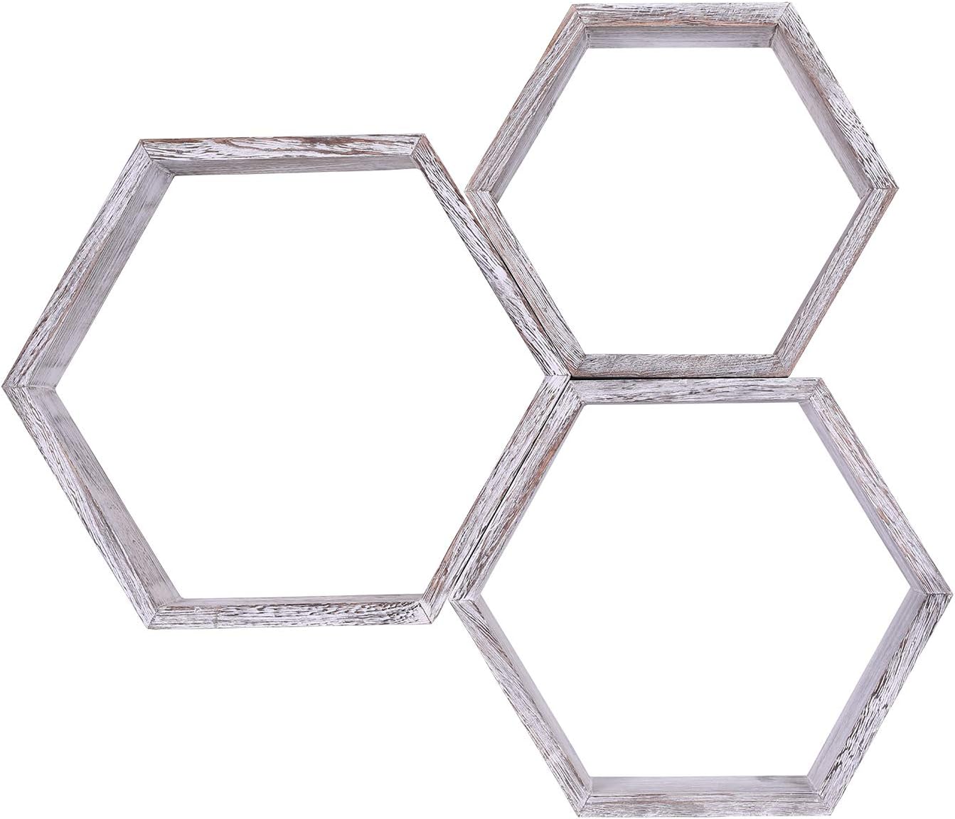 Rustic White Wall Mounted Hexagonal Floating Shelves, Set of 3, Large, Medium and Small, Screws and Anchors Included - Image 3
