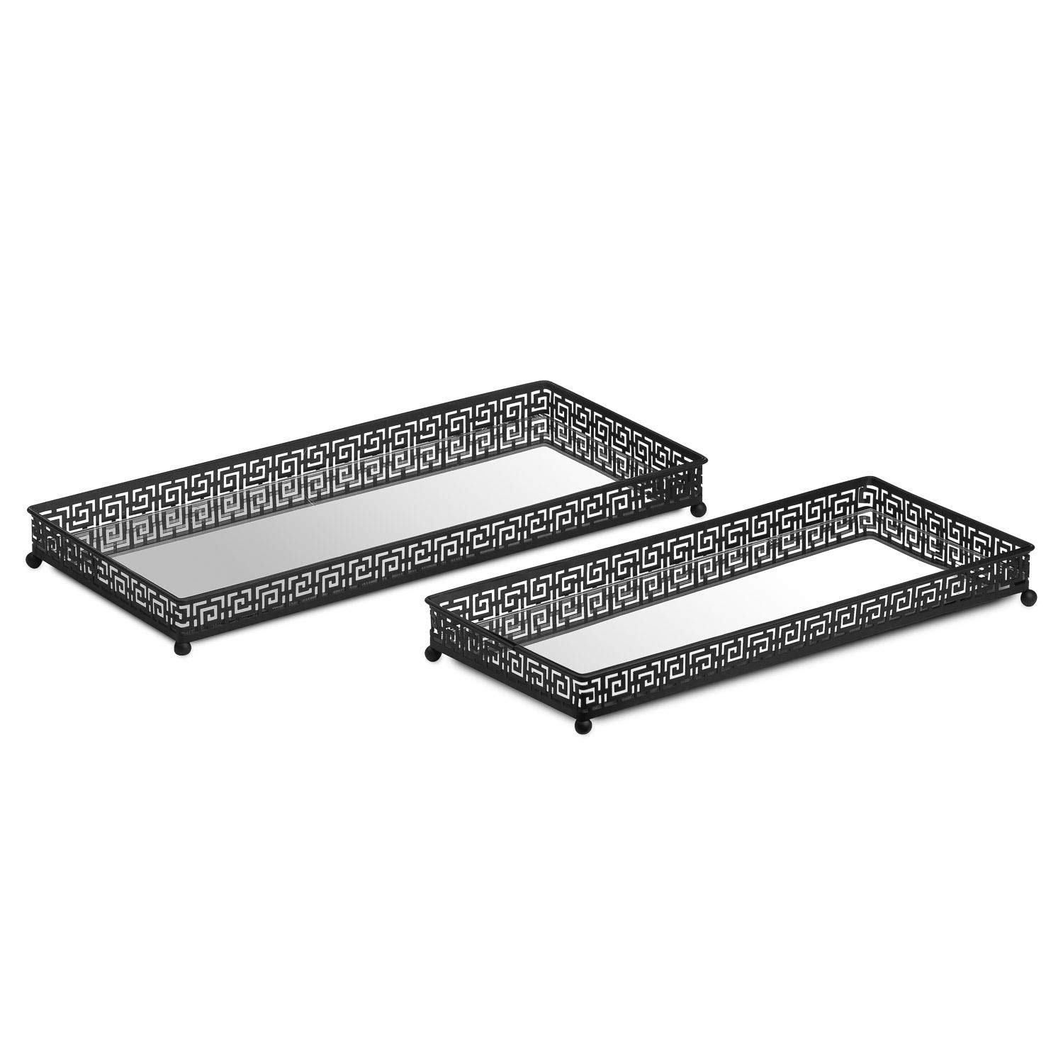Hill 1975 Set of Two Rectangular Aztec Black Mirrored Trays, Metal, Glass, Mixed, 17 x 37 x 4 cm