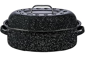 Bovado USA 19" Inch 20 lb Capacity Enamel Oval Turkey Roaster Pan + Lid - Thanksgiving Gift, Covered, Non-sticky, Chemical Free, Dishwasher Safe - (17.3 Inch Inner) - Rôtissoire (Capacité de 9.09 kg)