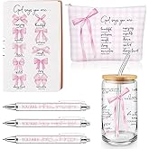 Skylety 6 Pcs Christian Gift Set for Women Includes Bible Journal Religious Pens Pink Bow Cosmetic Bag Glass Cup Pink Stuff Accessories for Women Mom Sunday School Teacher