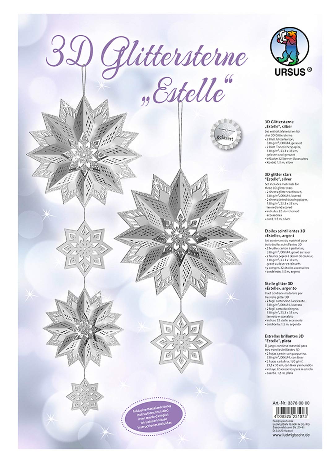 Ursus 33780000 - Glitter Star 3D Estelle, Silver, Material for 3 Stars, in Various Sizes, Includes Star Accessories and Craft Instructions, Ideal for Christmas Craft Period