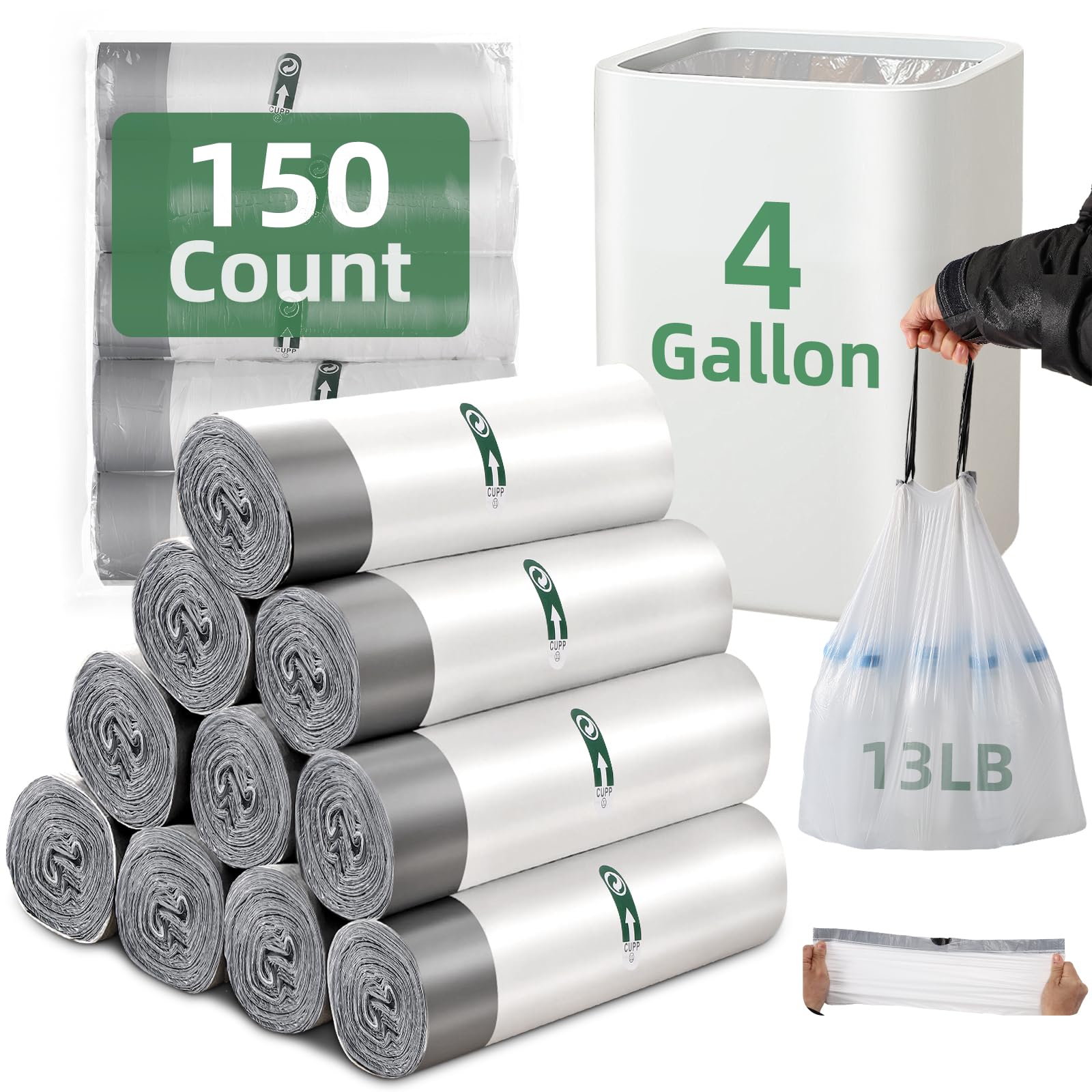 Photo 1 of 4 Gallon Trash Bag 150 Counts Small Trash Bags Extra Strong Drawstring Bathroom Trash Bags Small Garbage Bags Clear Trash Bag for Bathroom Bedroom Office Kitchen Trash Can
