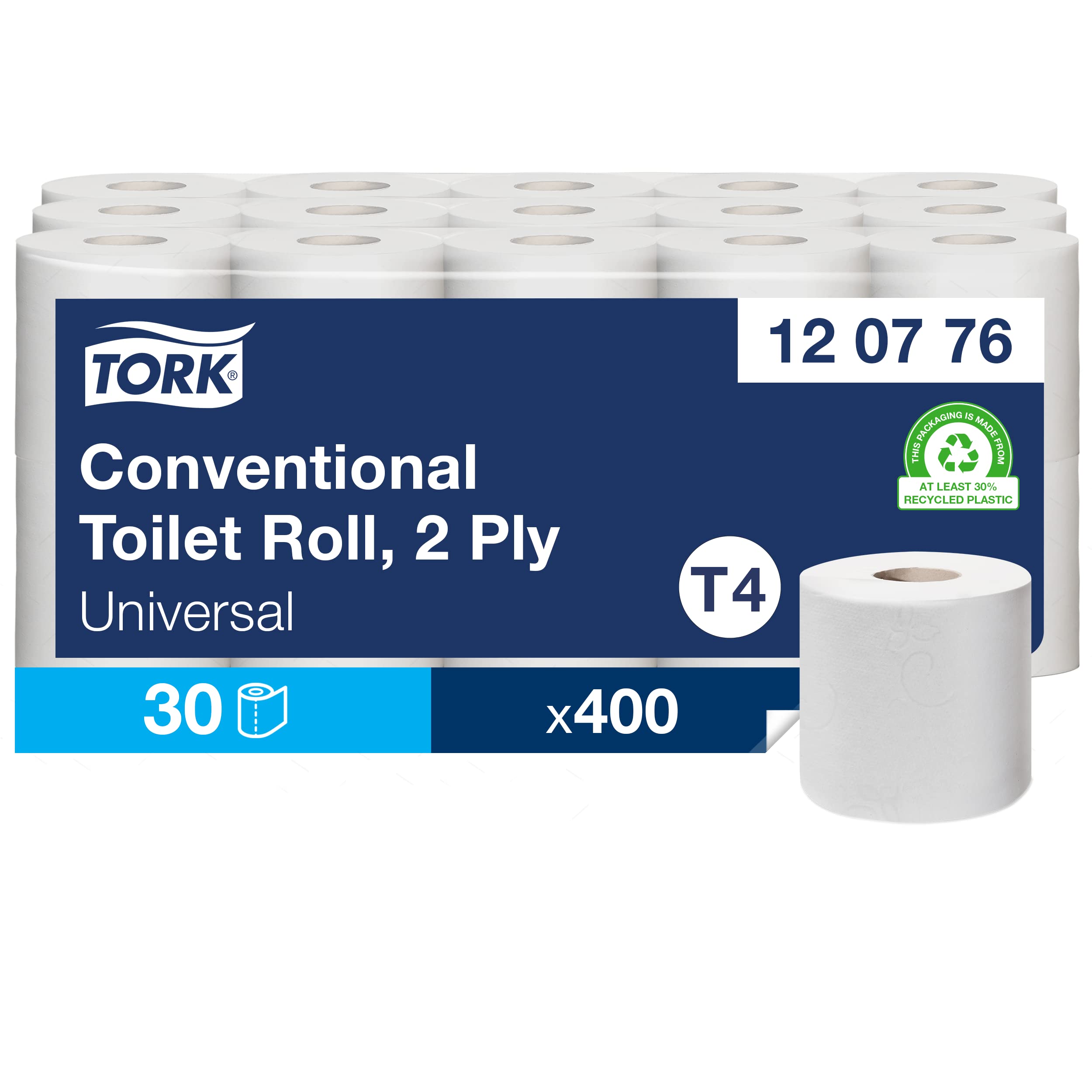 Tork Conventional Toilet Paper Roll White T4, Universal, 2-ply, 30 x 400 sheets, 120776