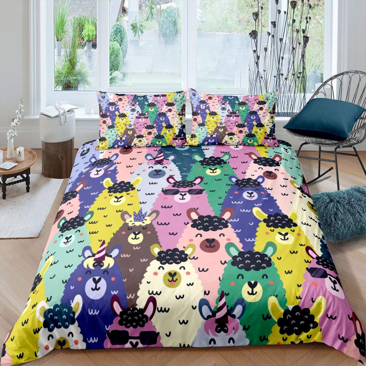 Kids Cute Llama Alpaca Bedding Set Cartoon Llama Duvet Cover For Teens Funny Colorful Llamas Comforter Cover 3D Animal Bedding & Linen 3Pcs King