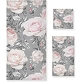ALAZA Pink Flowers and Leaves on Gray Rose Floral Tile Towel Bathroom Sets 3 Piece Bath Towel Sets1 Bath Towel 1 Hand Towel 1 Washcloth Soft Luxury Absorbent Decorative Towels for Beach Gym Spa
