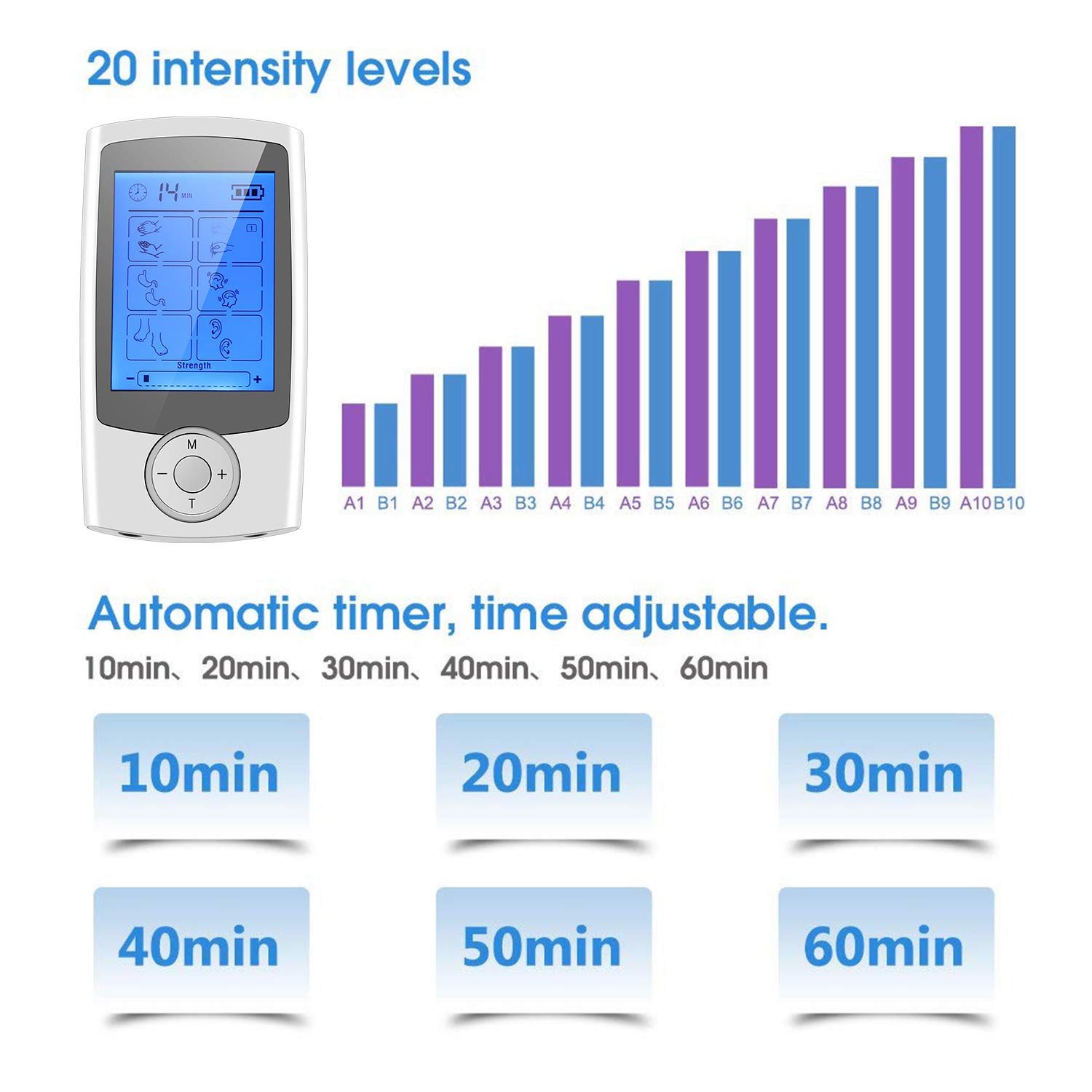 Électrostimulateur Tens Rechargeable Antidouleur Stimulateur Musculaire, Tens EMS Soulagement des Douleurs avec 16 Modes, 8 Électrodes et 20 Niveaux d’Intensité pour Massage Tension Musculaire