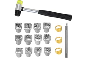 QMNNMA Leather Craft Stamping Tools, Leather Stamping Kit with 12 Tangcao Patterns Stamp and Punch Tools and 25mm Hammer and 3 thimbles for Craft Stamps