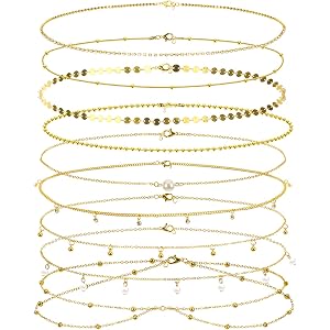 AUGSUN 9 Pcs Gold Plated Waist Chains, Belly Chains for Beach Bikini Gifts | Adjustabkle,18K Layered, Beaded Pearl Coin,Adjus