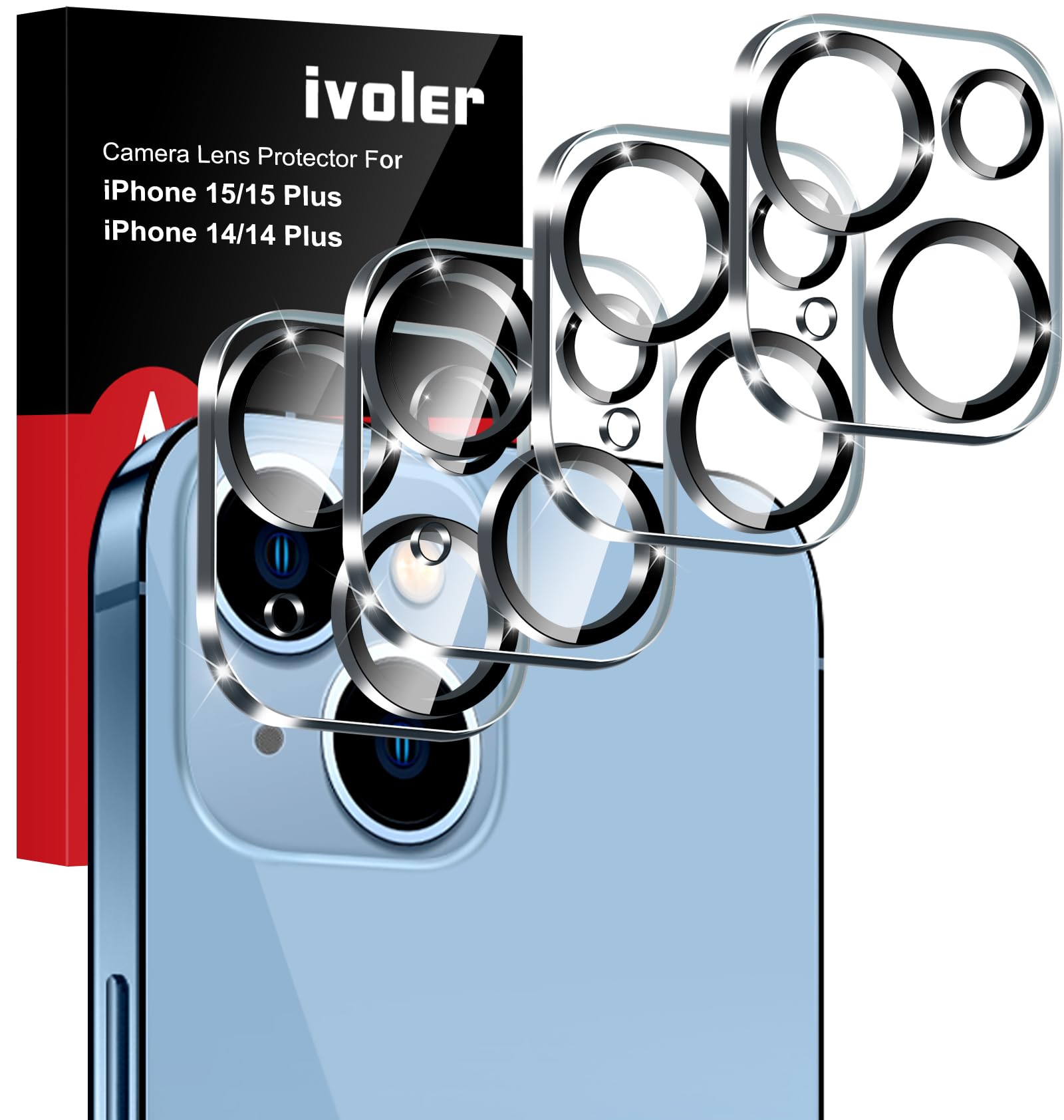 ivoler 4 Pack Camera Lens Protector Compatible With iPhone 15/15 Plus, for iPhone 14/14 Plus Screen Protector Tempered Glass, Case Friendly [New Version], Anti-Scratch, Easy Installation