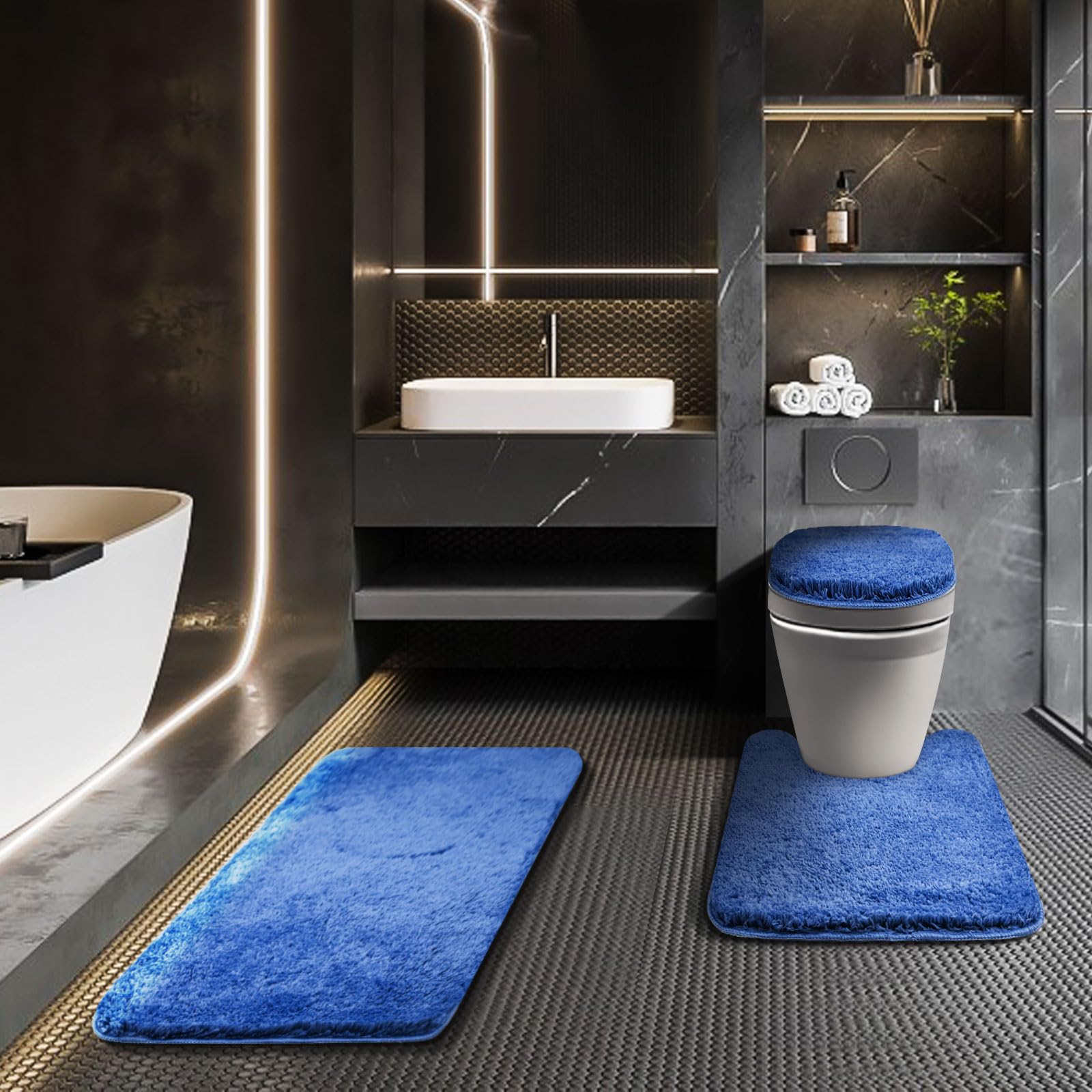 Baahrnom Bathroom Rugs Sets 3 Piece with Adjustable Toilet Seat Cover 17.5"x 15" Machine Washable Bath Rug Set with TPR Non Slip Rubber Backing Solid Bath Mat Set for Luxury Bathroom Decoration