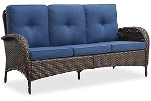 Belord Outdoor Patio Furniture - Wicker Sofa with Removable Cushion, 3 Seater Rattan Couch with Deep Seat, High Backrest, All-Weather for Balcony, Deck, Backyard, Brown/Blue