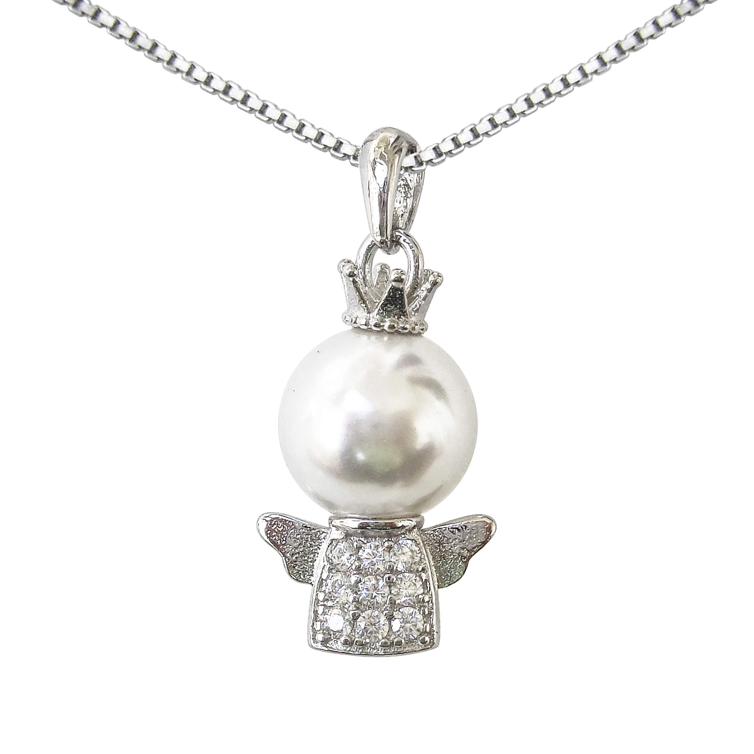 Hiqmic 925 Sterling Silver Fashion Crown Angel Pearl Pendant Necklace White Gold Plated Jewelry 18", WA99113