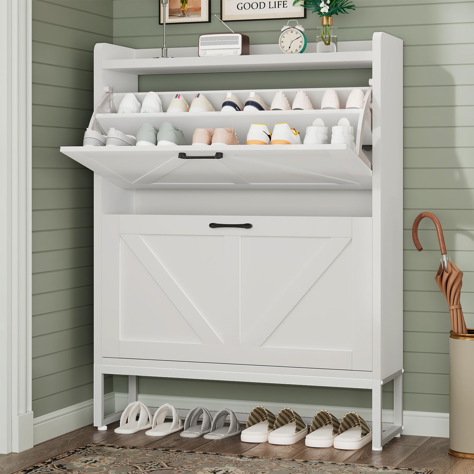 GRUSIGN Shoe Cabinet, Shoe Storage Cabinet with 2 Flip Drawers & Adjustable Shelf, Space-Saving Shoe Organizer – Holds 16+ Pairs, Narrow Shoe Cabinet Storage for Entryway/Hallway(White)