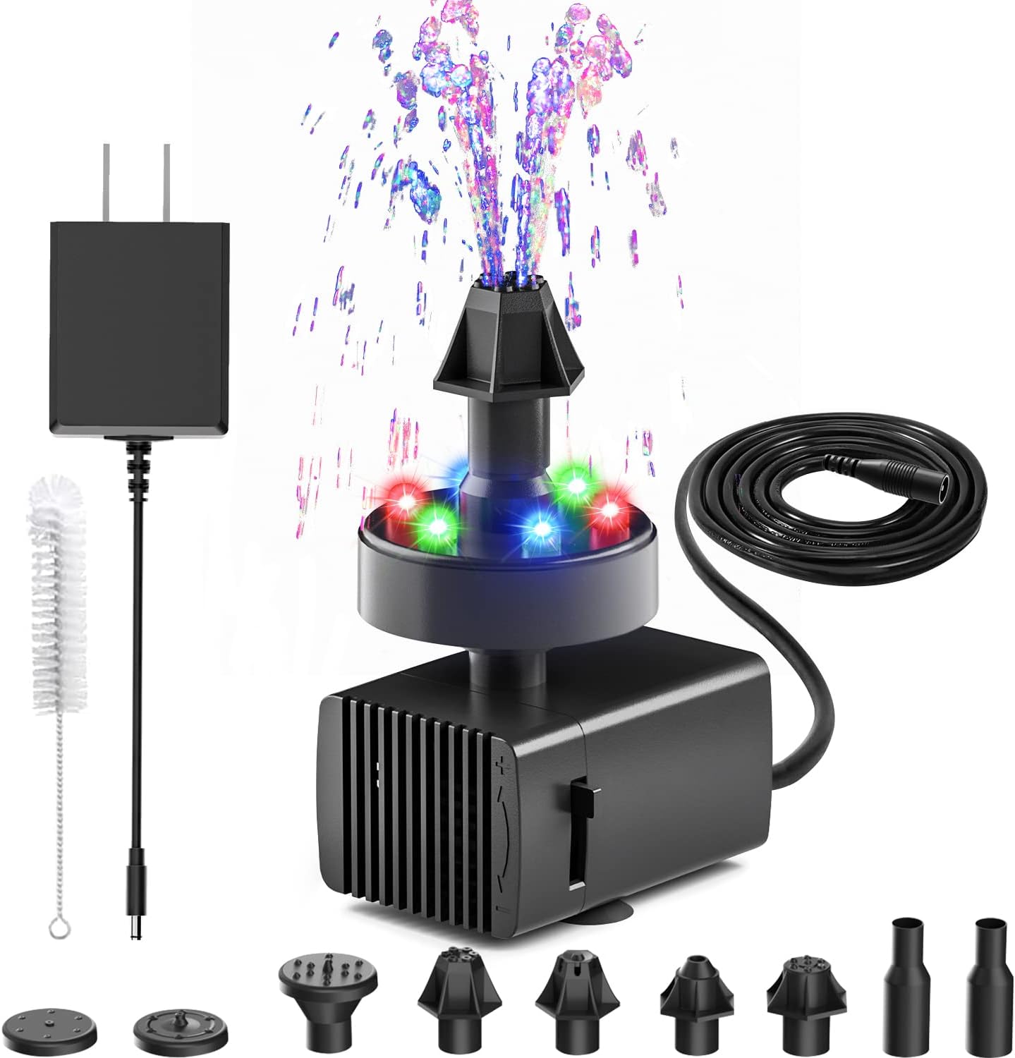 Water Gardens & Ponds - 24-Hours Working Bird Bath Fountains Electric, Jutai Adjustable Quiet Water Fountain Pump with LED Lights for Garden,Small Fish Tank,Water Features - 7 Nozzles,16.4Ft Power Cord and Adapter Included