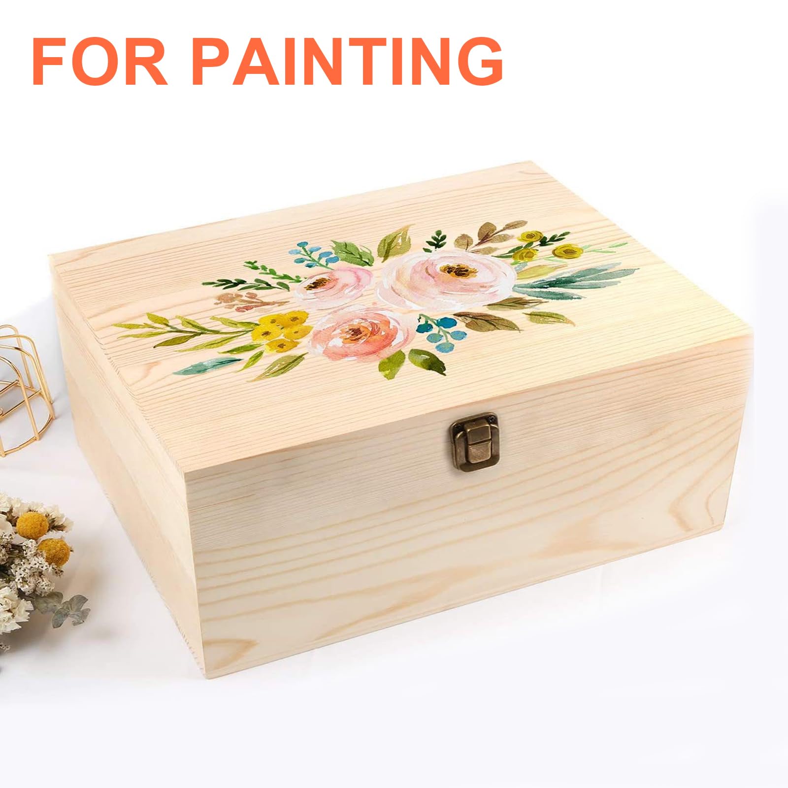 Large Unfinished Wooden Box with Hinged Lid Unfinished Wooden Storage Box 10.6 x 8 x 5.7 Inch Wood Box Unfinished Large Keepsake Box for Jewelry, Art Hobbies, DIY lovers and Home Storage