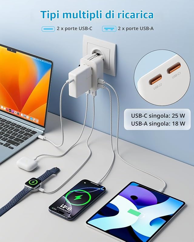 “Air” Adattatore Universale da Viaggio con 2 USB-C(PD 25W) ＆ 2 USB-A — foto 2 di 8