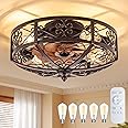 TIFEROR Rustic Ceiling Fan with Light, 20" Modern Enclosed Flush Mount Ceiling Fan with Remote Control, 3 Speeds Reversible Motor, for Hallway, Kitchen, Bedroom (5 E26 Bulbs Included)