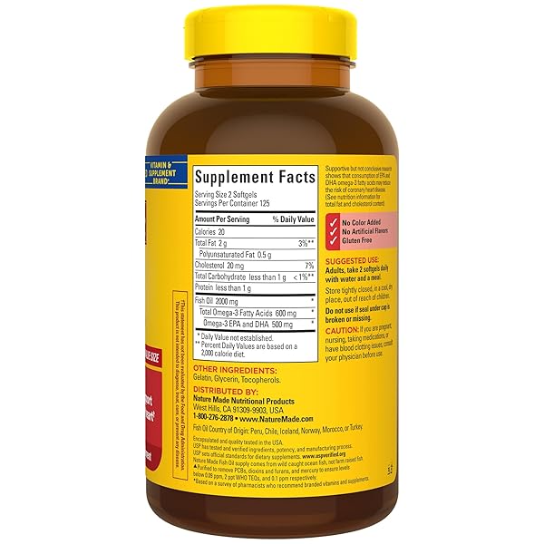 NATURE MADE FISH OIL 1000 MG SOFTGELS, FISH OIL SUPPLEMENTS, OMEGA 3 FISH OIL FOR HEALTHY HEART SUPPORT, OMEGA 3 SUPPLEMENT WITH 250 SOFTGELS, 125 DAY SUPPLY