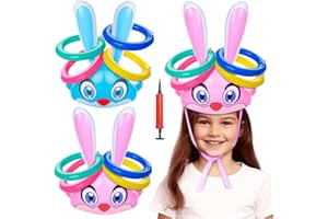 QUESCU 2 Set Easter Inflatable Bunny Ring Toss Game,Inflatable Rabbit Ears Ring Toss Easter Party Games for Kids School Party Favor Indoor Outdoor(2 Set &12 Rings)