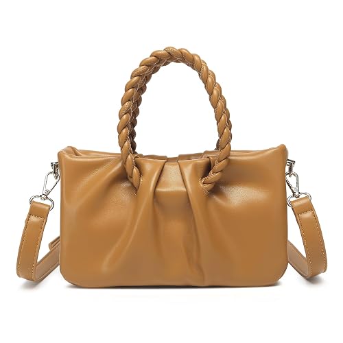 Miss Lulu PU Leather Crossbody Bag with Detachable Adjustable Shoulder Strap Small top-handle bag with Woven Handle (brown)