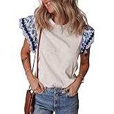 Pinclodly Ruffle Sleeve Tops for Women Bohemian Floral Trim Crewneck Tshirts Casual Loose Patchwork Cap Sleeve Peasant Tops