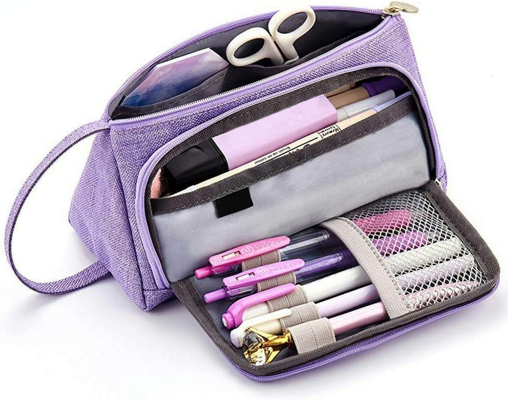 Amazon ペンケース 大容量 ペンポーチ ペン入れ 筆箱 おしゃれ シンプル 学生用 仕事用 ダブルファスナー ペンバッグ キャンバス 綿麻収納ケース 新タイプ 小物整理 持ち運び便利 男の子 女の子 子供 小学生 中学生 高校生 大学生 社会人用 パープル ペンケース