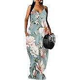 EQQZD Women's Summer Maxi Dress Spaghetti Strap Floral Boho Beach Long Sundress with Pockets