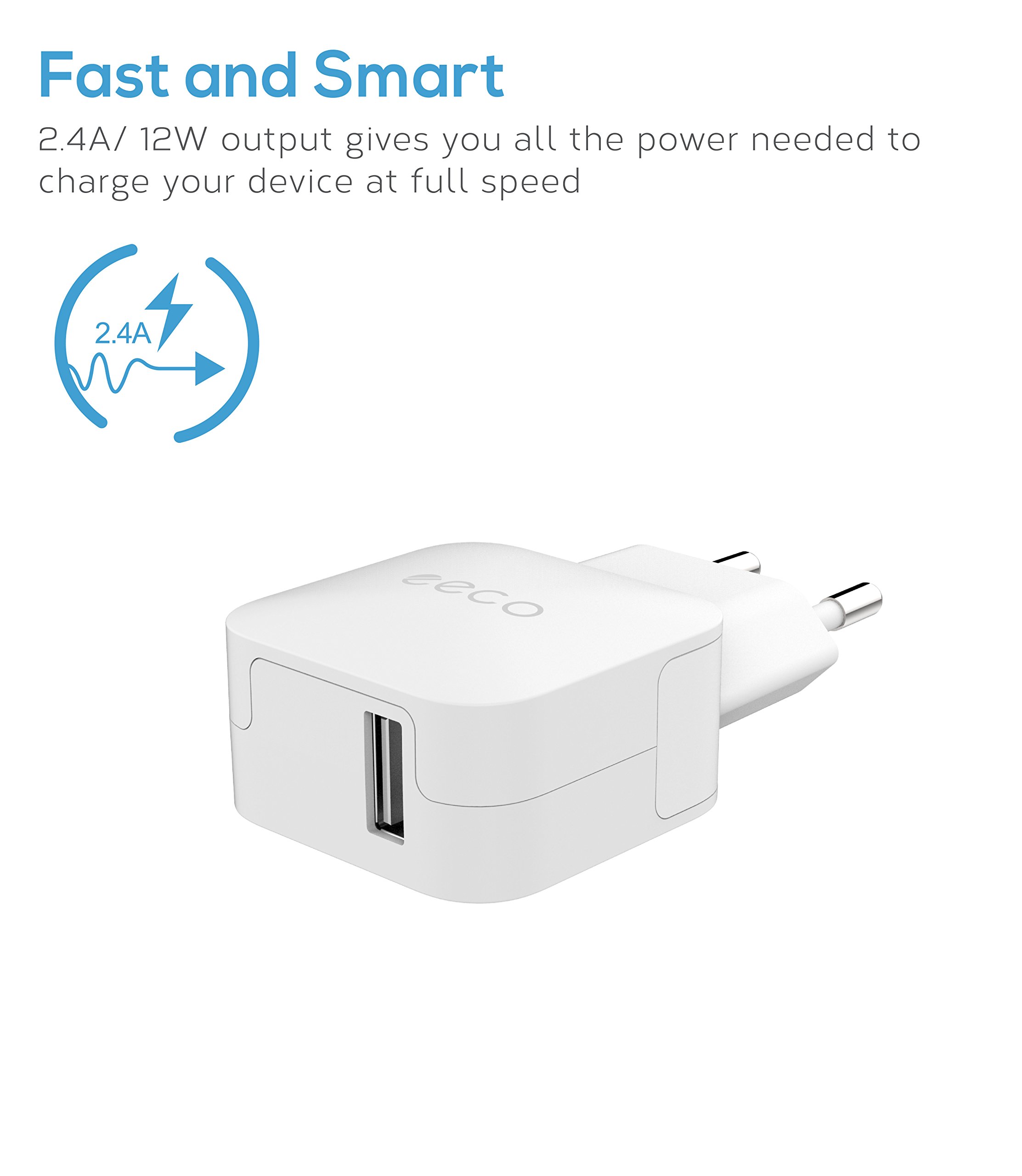 eeco Chargeur Secteur USB 2.4A Universel Secteur Mural Charge Rapide Adaptateur pour iPhone, iPad, Samsung et les autres smartphones et tablettes (Blanc)