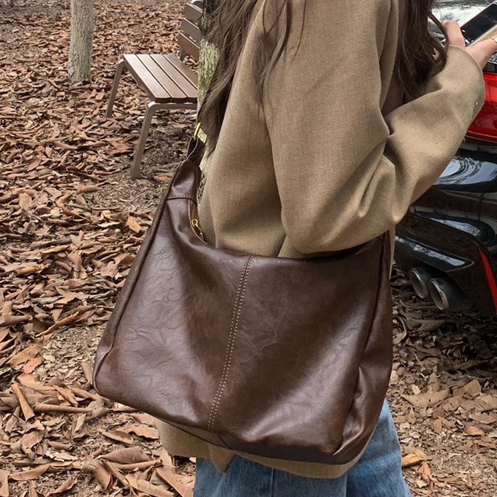 Slouchy Hobo Bags for Women,Brown Leather Shoulder Bag Everyday Purse Daily Commuting Bag Fall Handbags 2025
