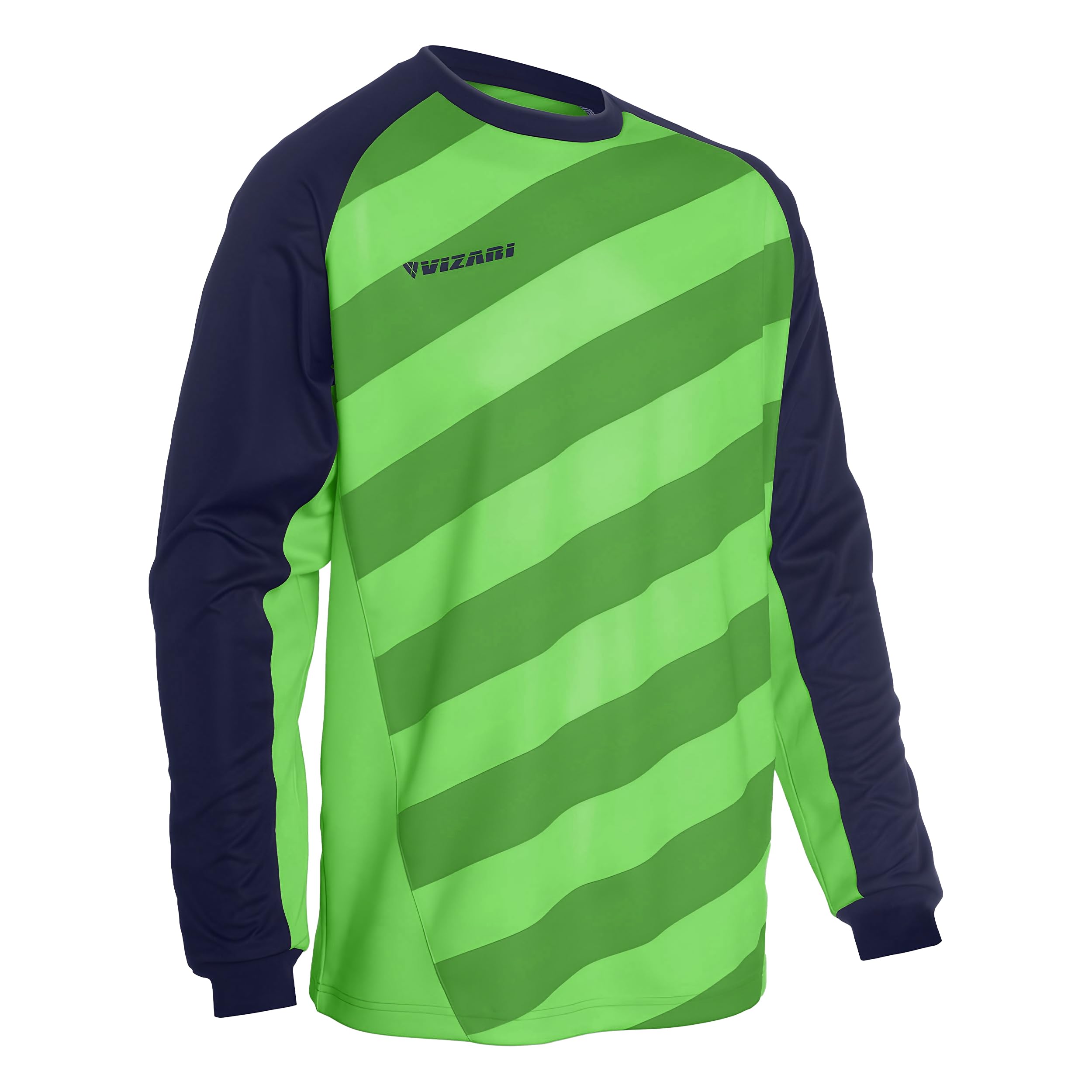 Camiseta de portero de fútbol juvenil Vizari Padova - 100% poliéster, absorbe la humedad, codos acolchados, diseño sublimado verde/azul marino