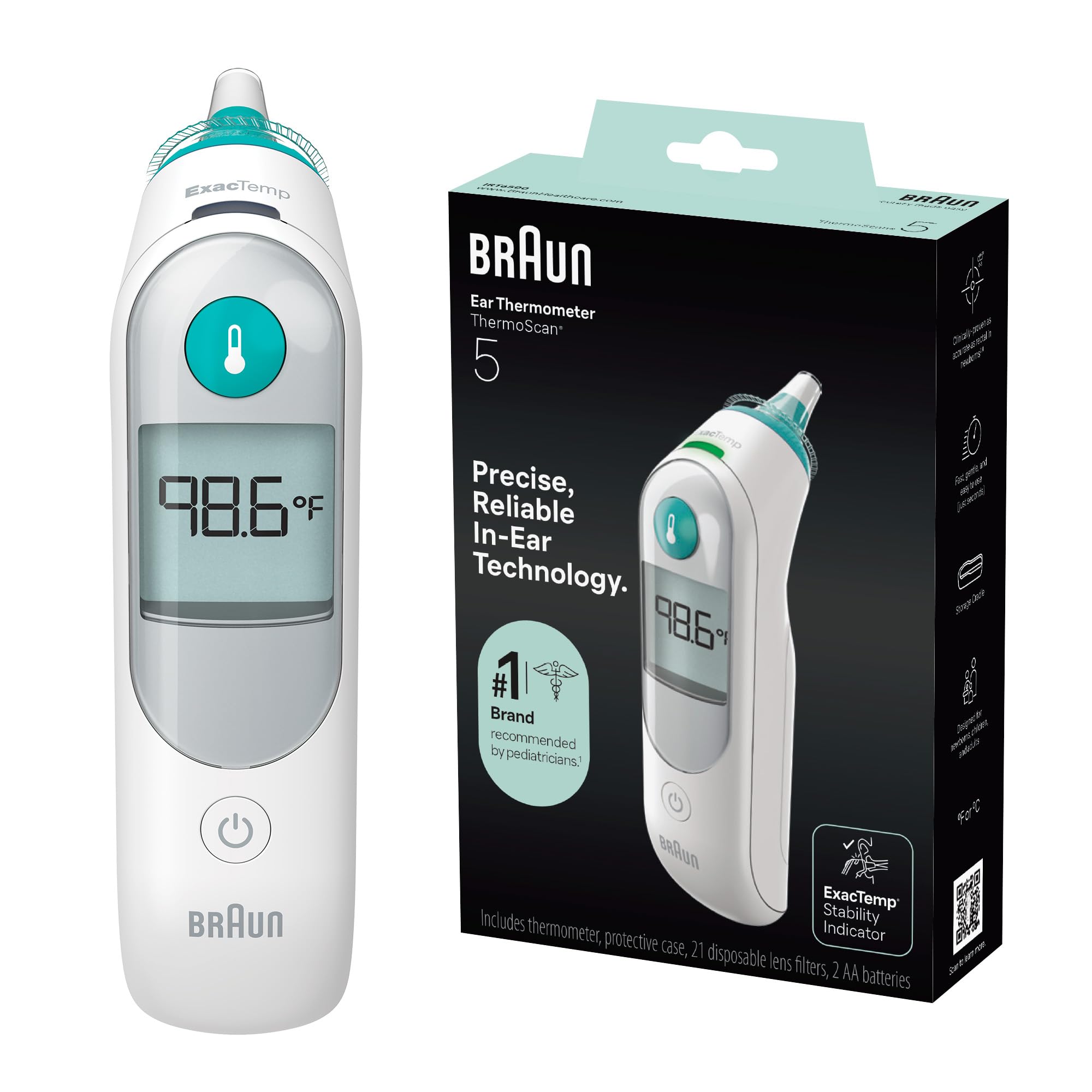 Braun ThermoScan 5 Termómetro de oído, pantalla digital, termómetro para bebés y niños con indicador de estabilidad ExacTemp para precisión profesional, recomendado por pediatras