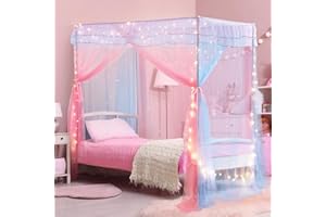 YEERSWAG Twin Size Bed Canopy with Lights, Bed Canopy for Girls Princess with Luminous Stars, Canopy Bed Curtains for Twin Bed Kids Indoor Decor Bedroom, 4 Corner Post Bunk Bed for Student Dormitory, Blue&Pink