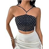 SHENHE Women's Sparkly Rhinestone Cropped Halter Top Slim Fitted Rave Party Top Mesh Shirts